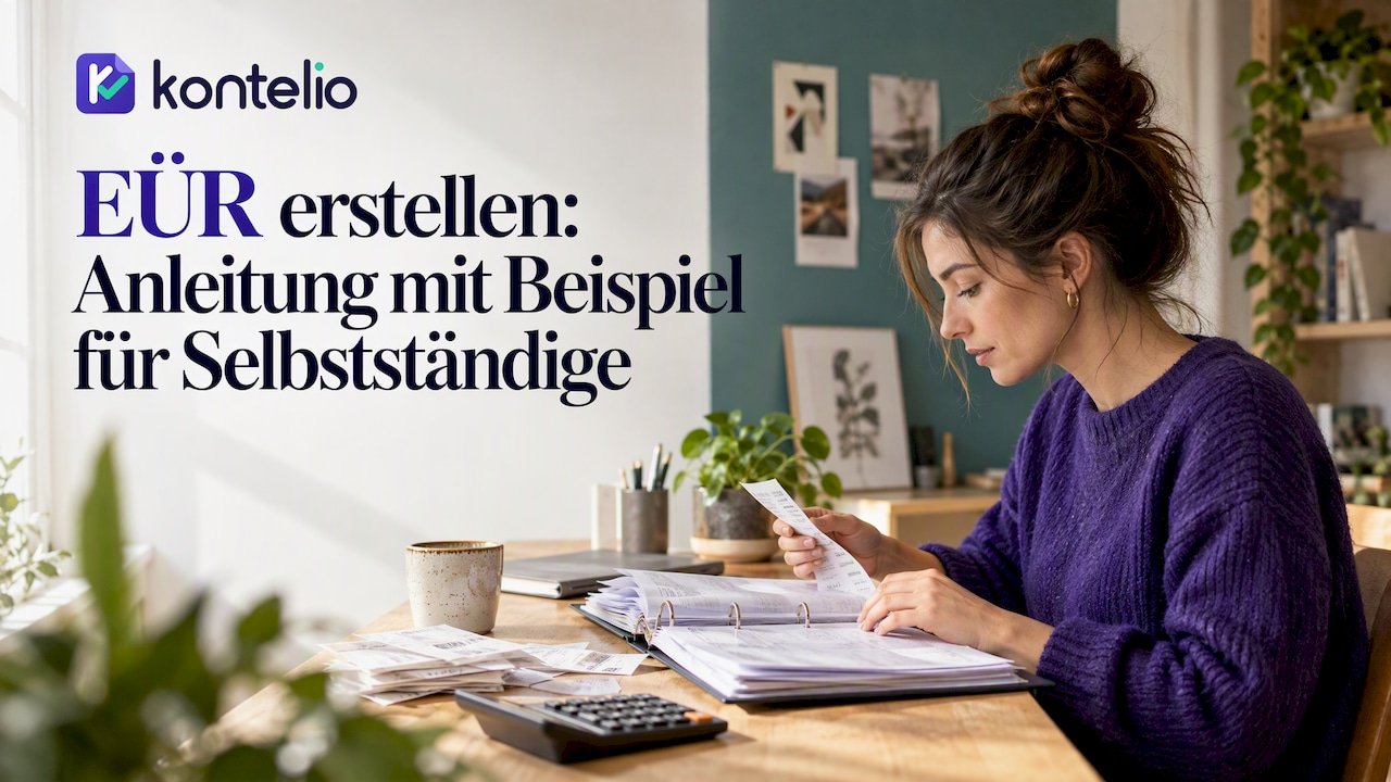 Self-employed woman checking her documents for the cash-basis income/expense statement (EÜR)