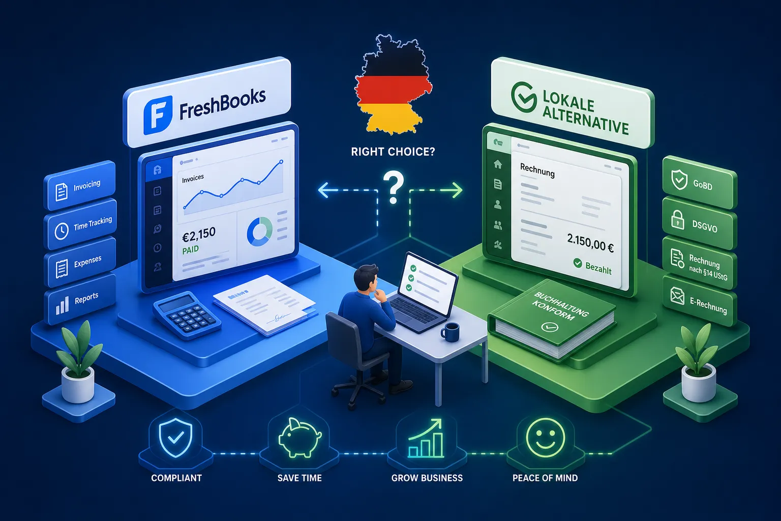 Passt FreshBooks für Freelancer in Deutschland? Funktions- und Compliance-Vergleich mit einer lokalen Alternative