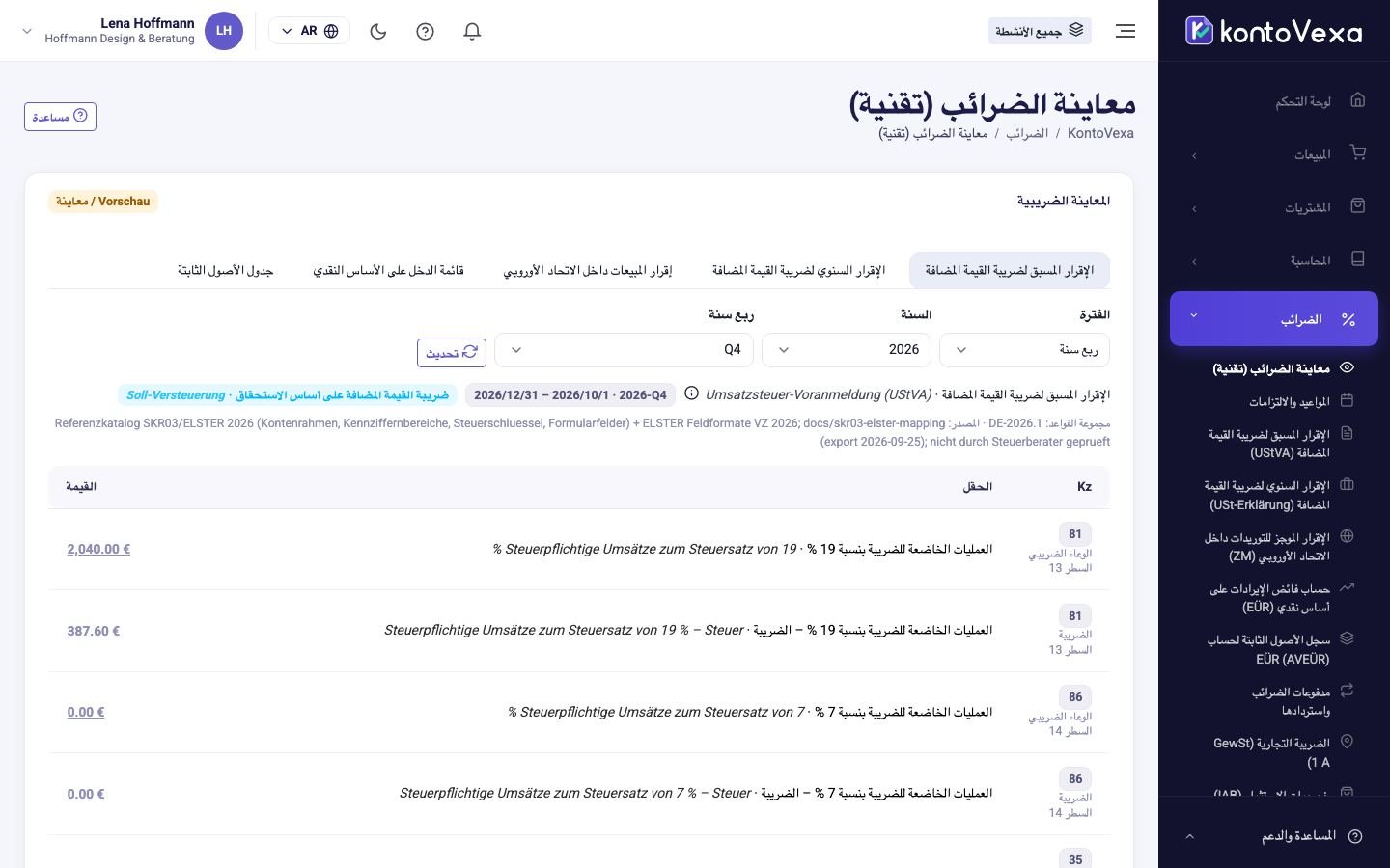 المعاينة التقنية لإقرار مسبق لضريبة القيمة المضافة موزعًا حسب الأنشطة