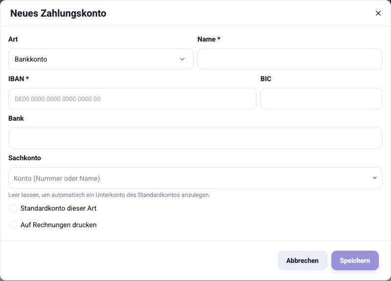 Der Dialog für ein neues Zahlungskonto