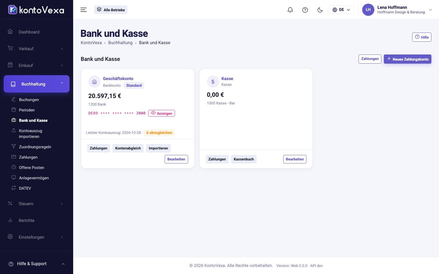 Die Zahlungskonten als Karten mit Saldo und Sachkonto