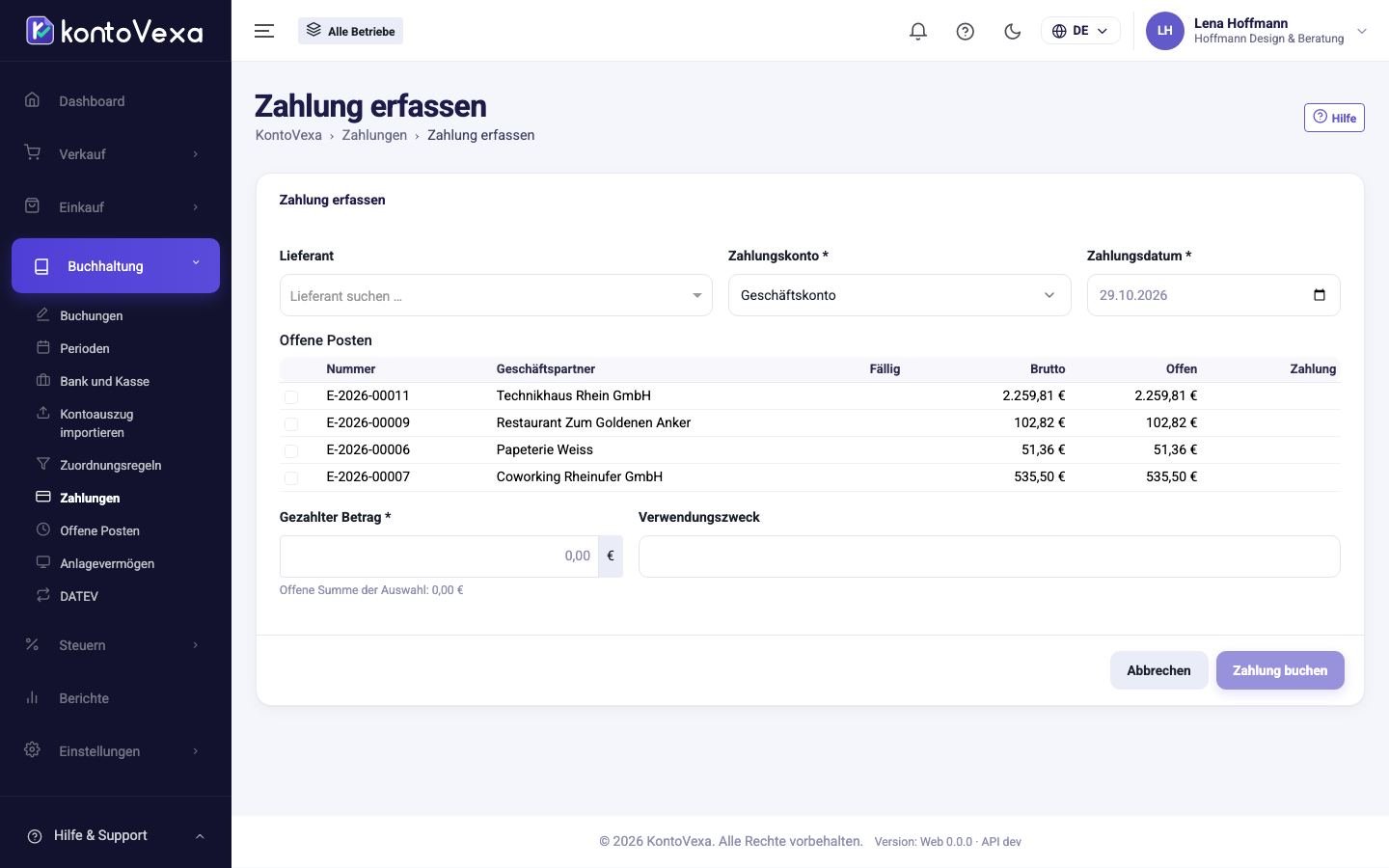 Der Editor für eine neue Zahlung