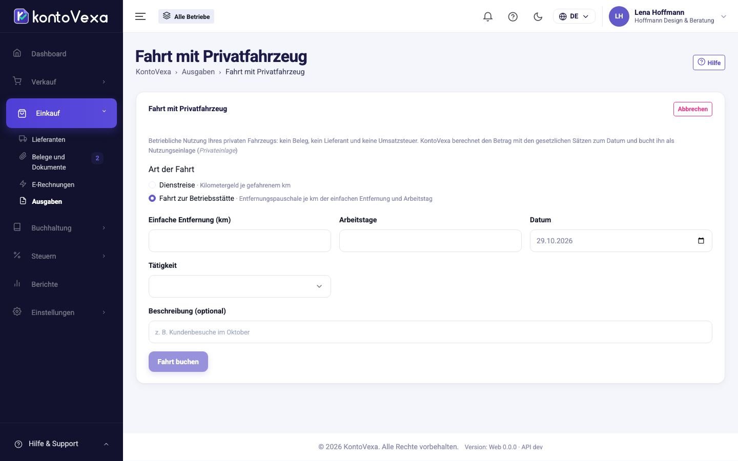 Eine Fahrt zur Betriebsstätte mit dem Privatfahrzeug erfassen