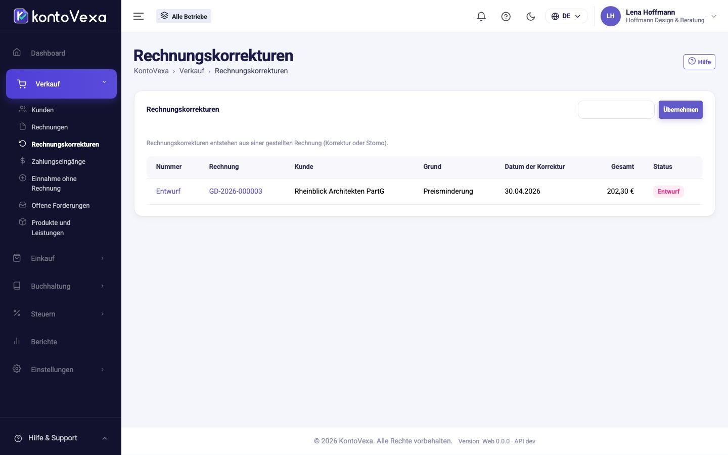 Die Liste der Rechnungskorrekturen