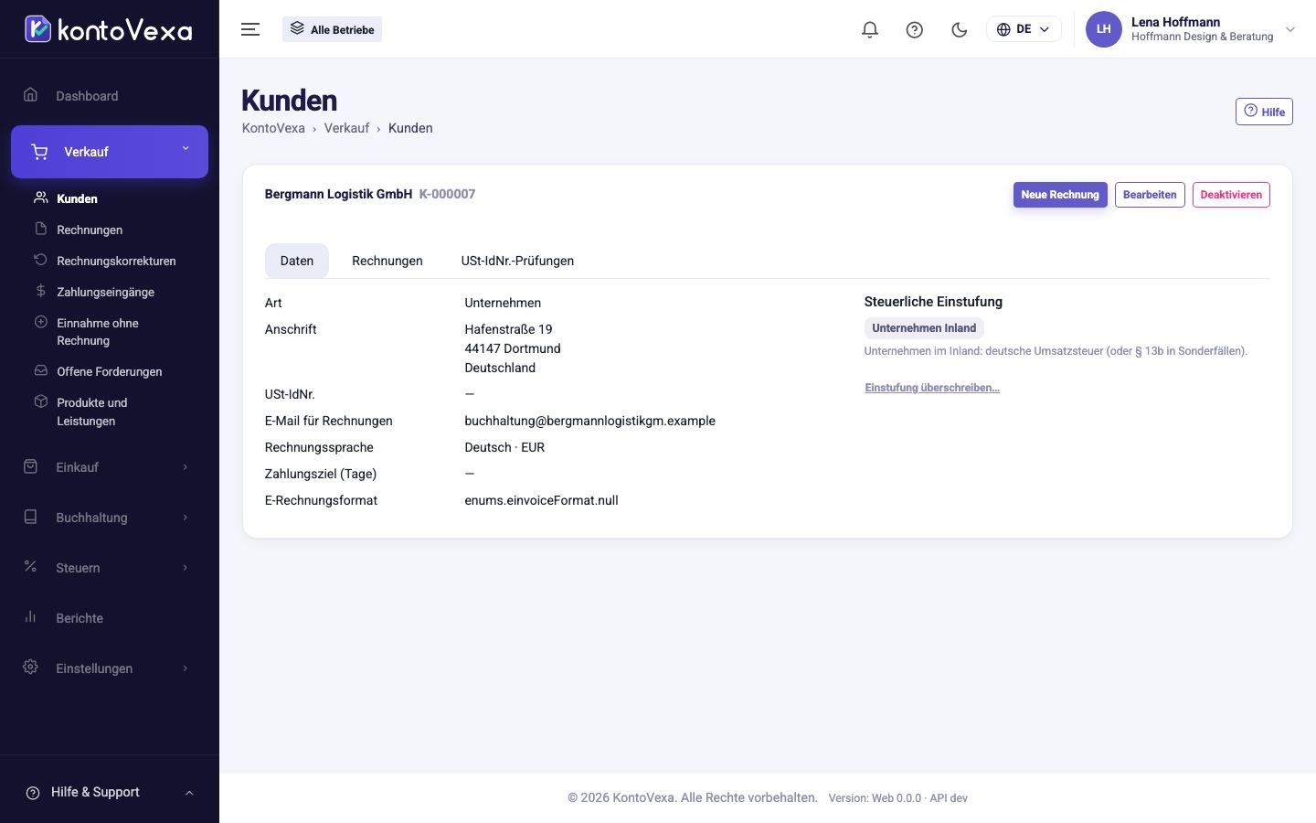 Die Ansicht eines Kunden mit Daten und steuerlicher Einstufung