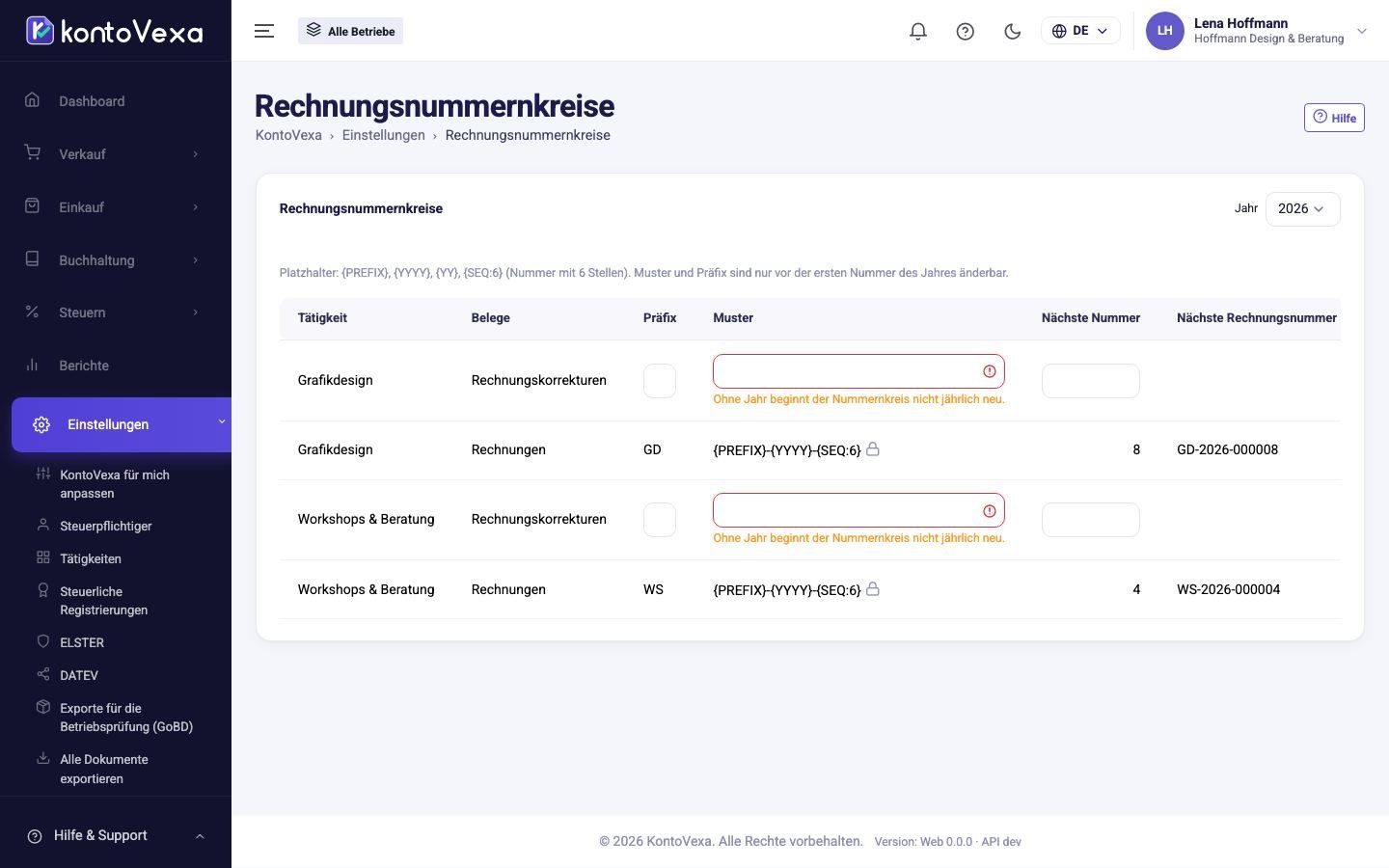 Die Nummernkreise des Jahres mit Muster, nächster Nummer und zuletzt vergebener Nummer