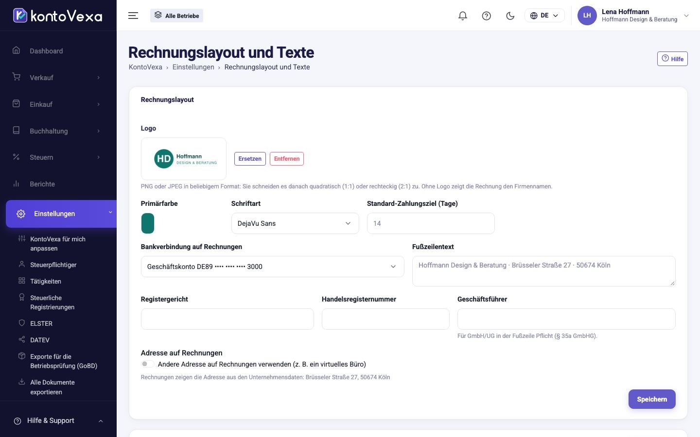Rechnungslayout und Rechnungstexte