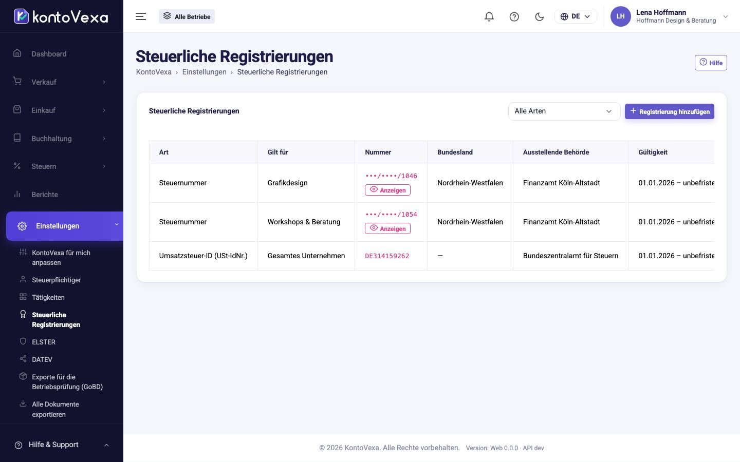 Die Liste der Registrierungen