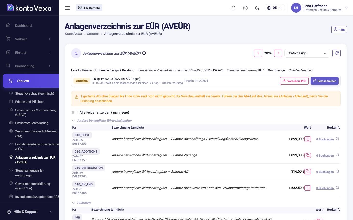 Die Anlage AVEÜR eines Betriebs mit den Spalten des Vordrucks