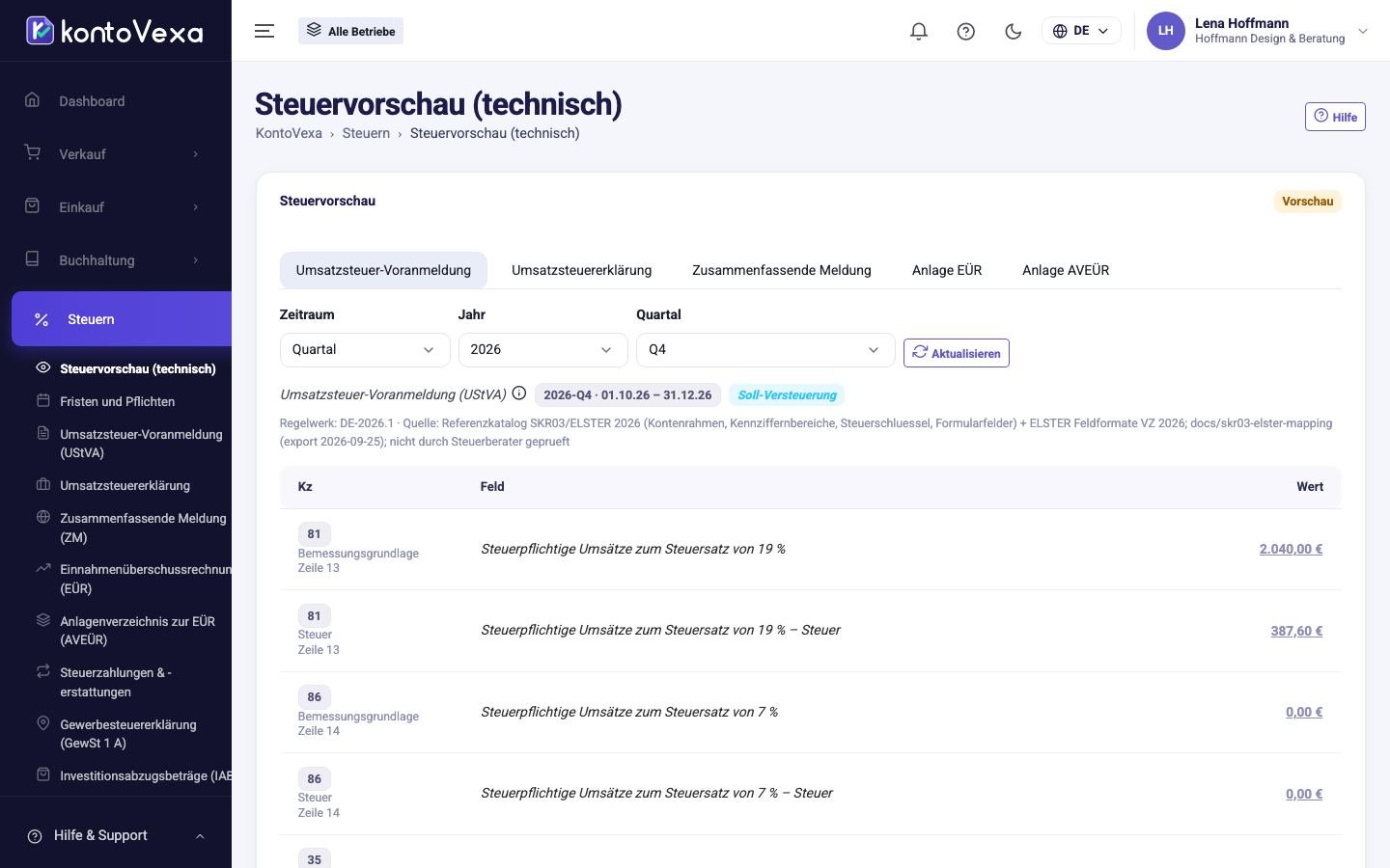 Die technische Vorschau einer Umsatzsteuer-Voranmeldung, aufgeteilt nach Betrieben