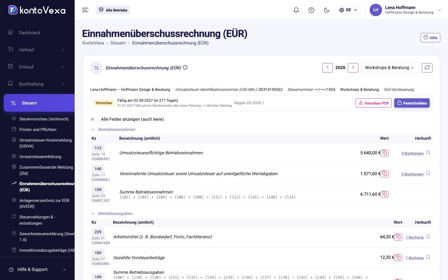 Die Anlage EÜR eines Betriebs im Status Vorschau