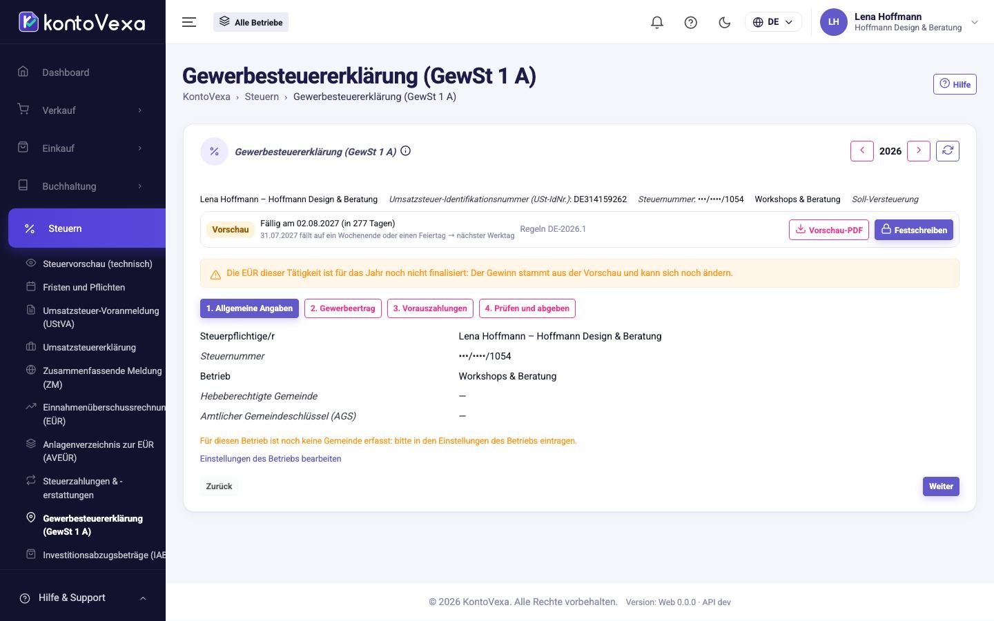 Bildschirmfoto aus KontoVexa: Gewerbesteuer