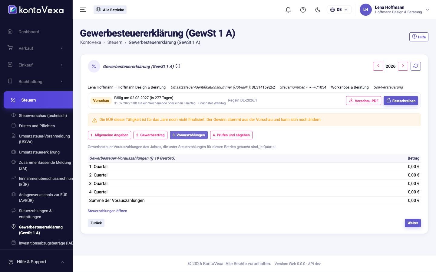 Der Schritt mit den Gewerbesteuer-Vorauszahlungen je Quartal
