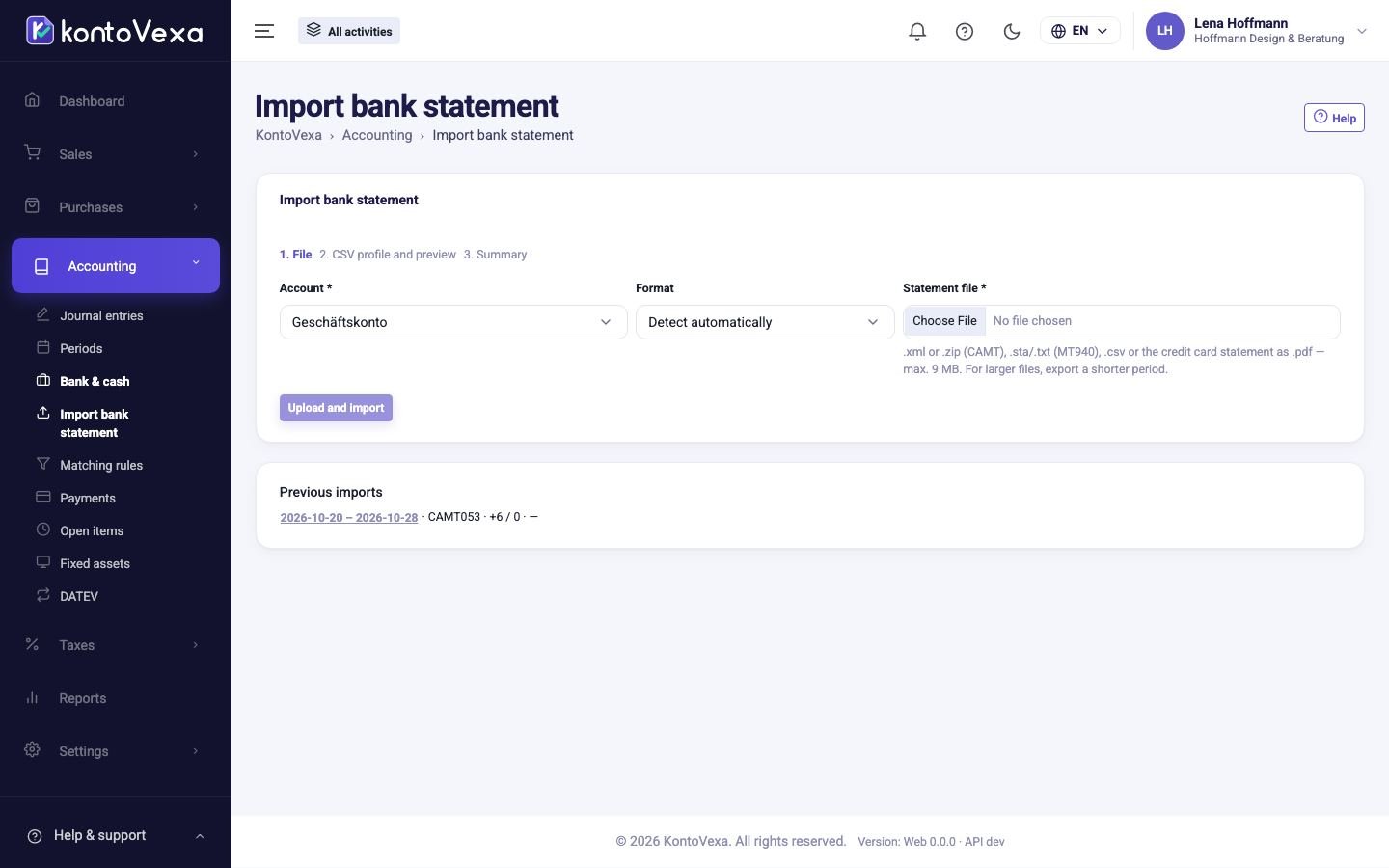 The first import step with account, format and file