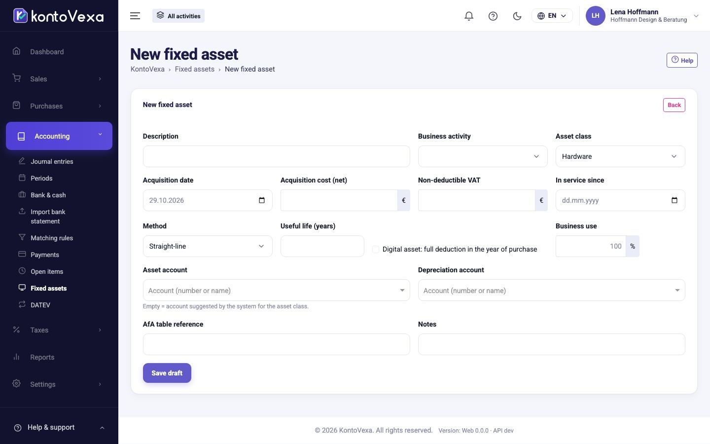 The form for a new fixed asset