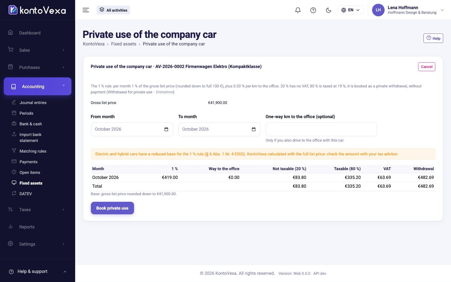 The private use of a company car under the 1 % rule in the preview