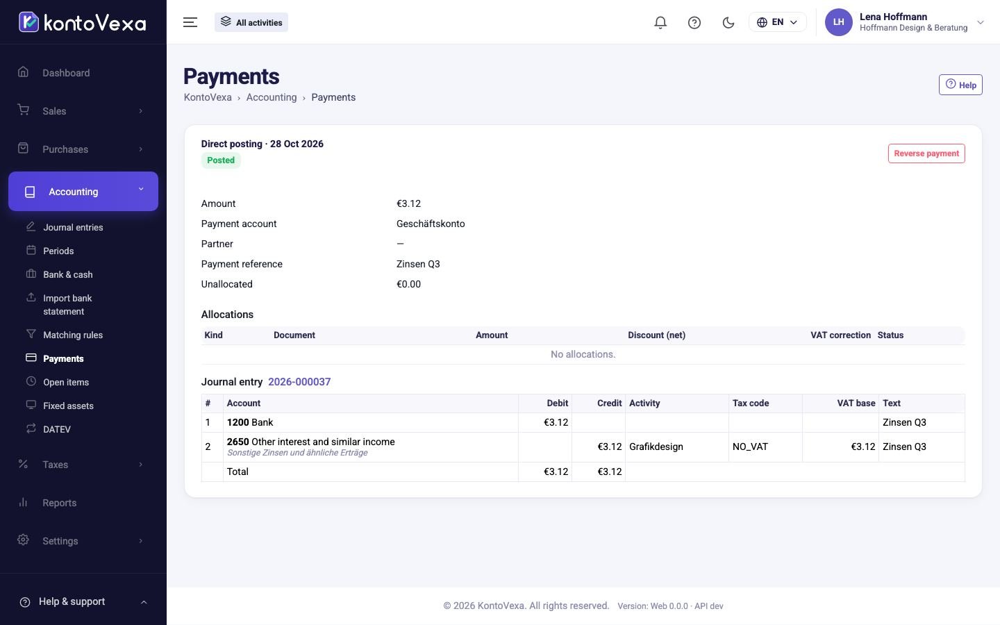 A posted payment with allocations and journal entry