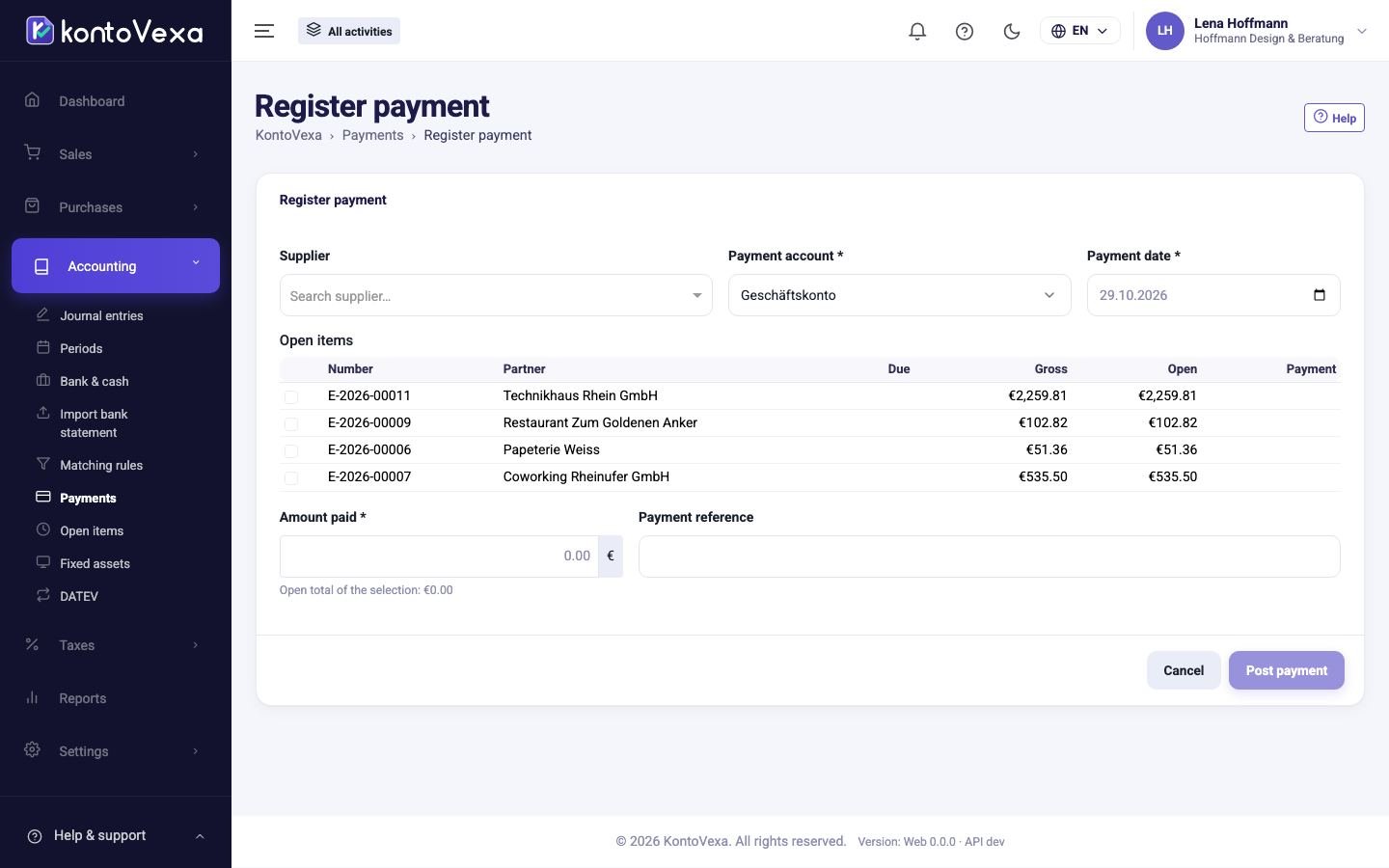 The editor for a new payment