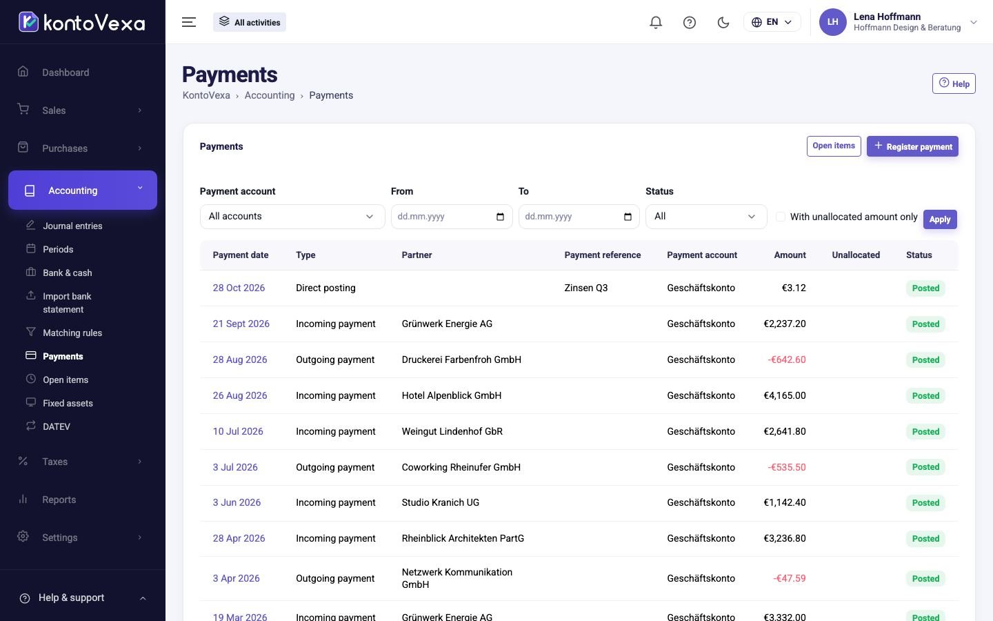 The list of payments with filters