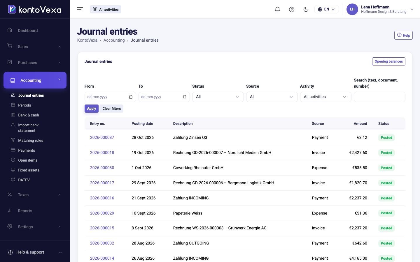 The list of journal entries with filters