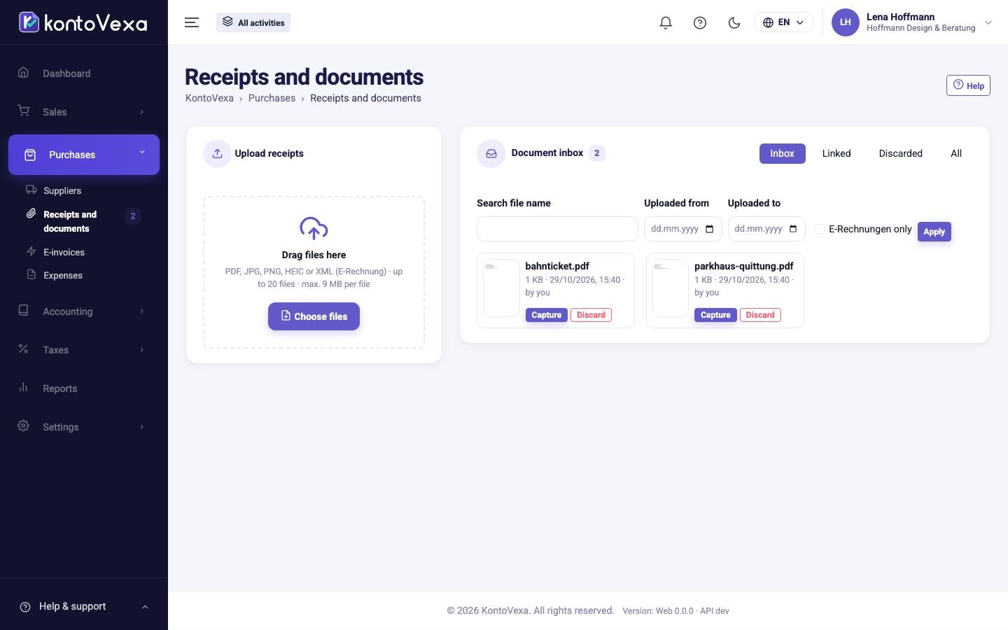 The document inbox with upload area and filters