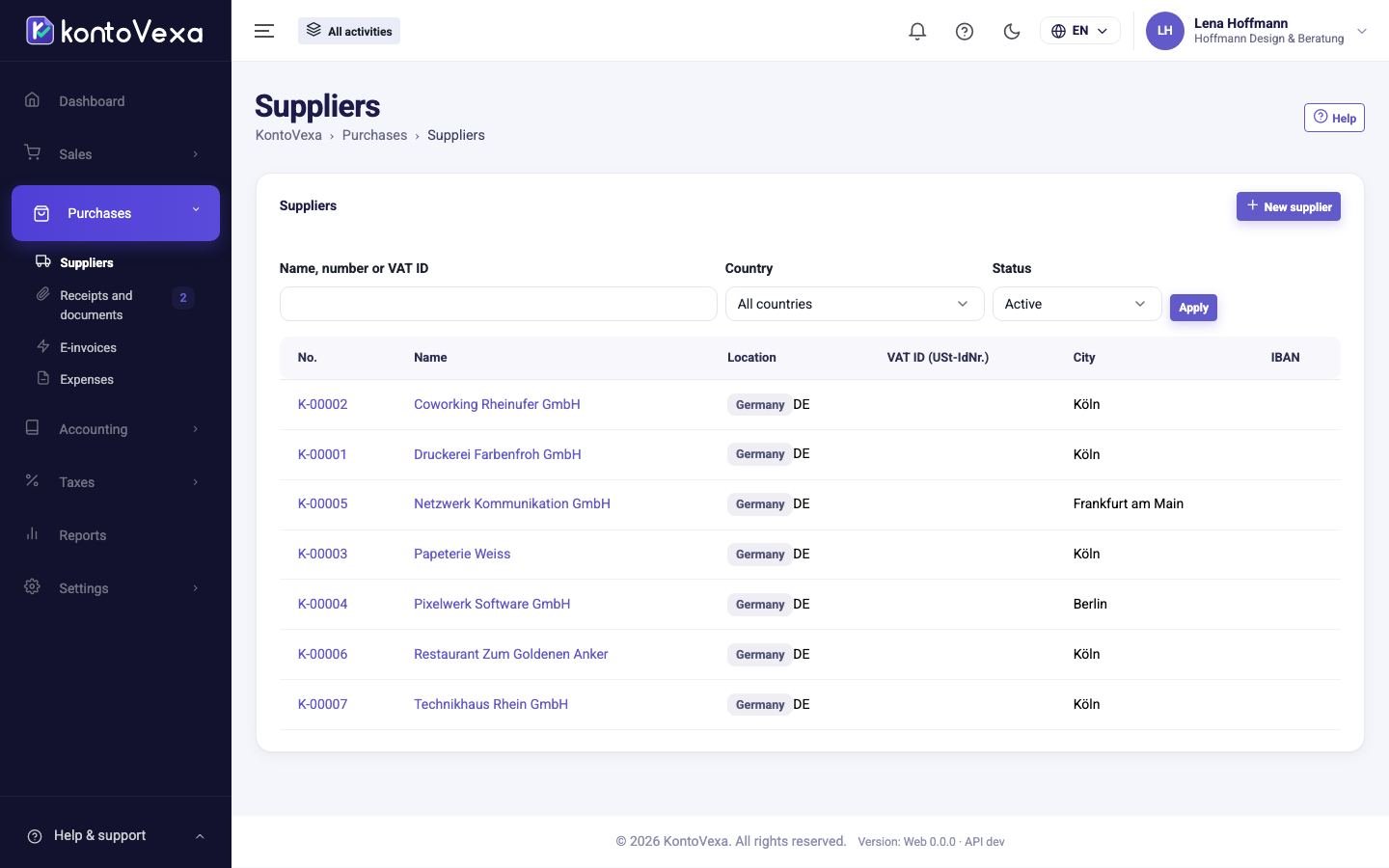 The supplier list with search and filters