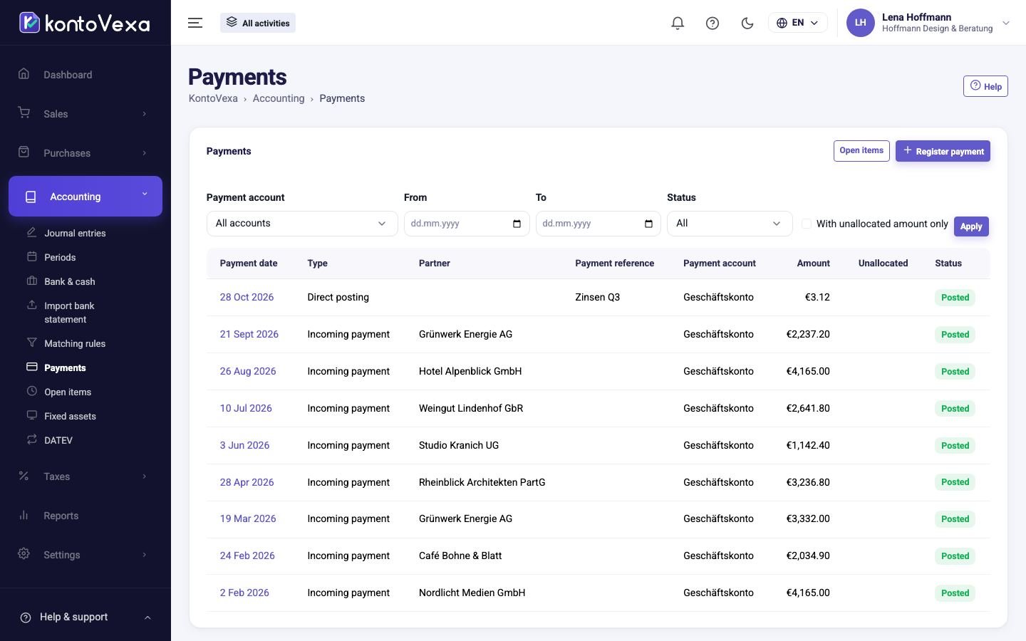 The list of incoming payments