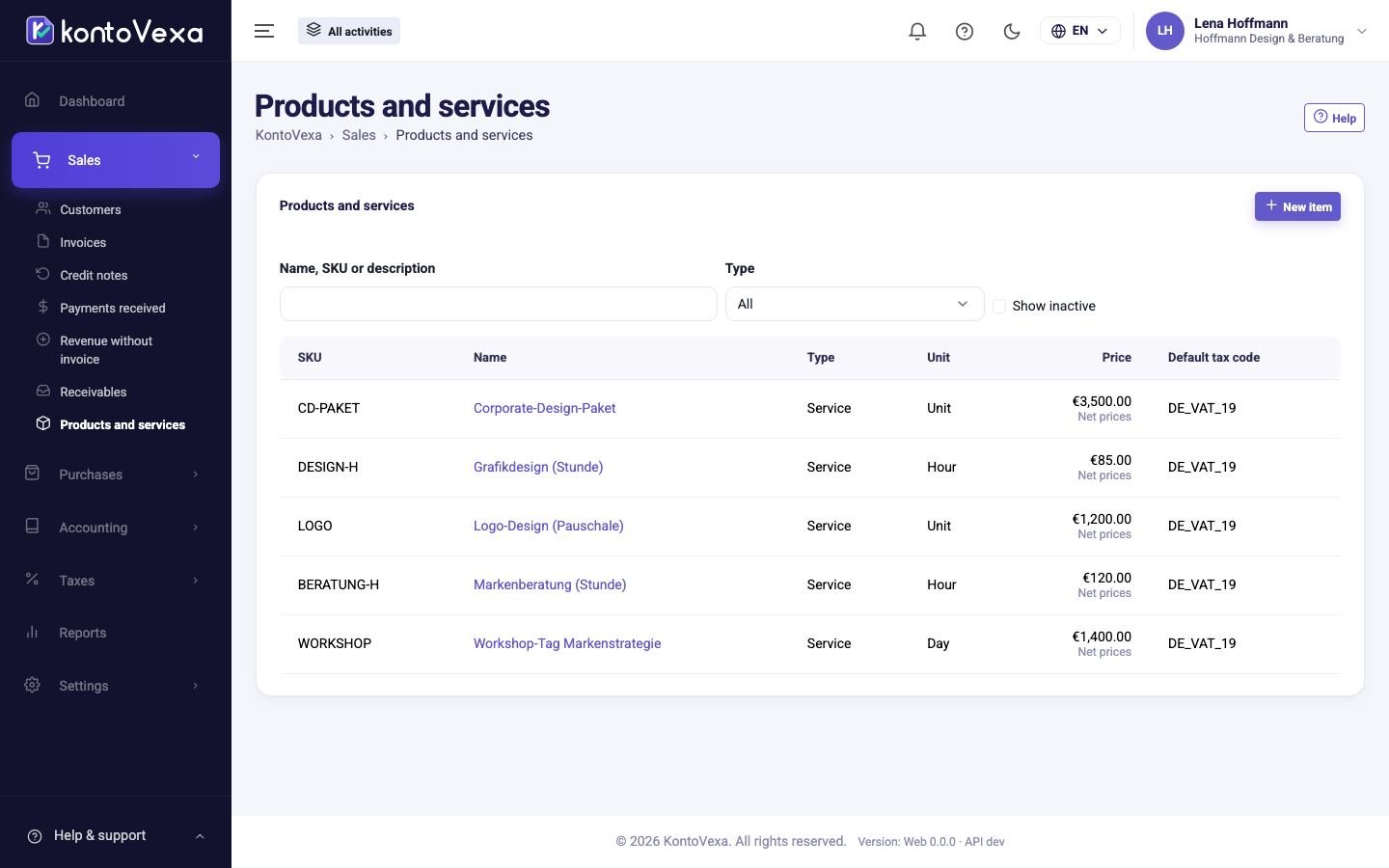 The list of products and services