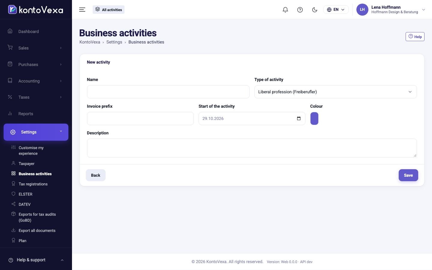 The form for a new business activity