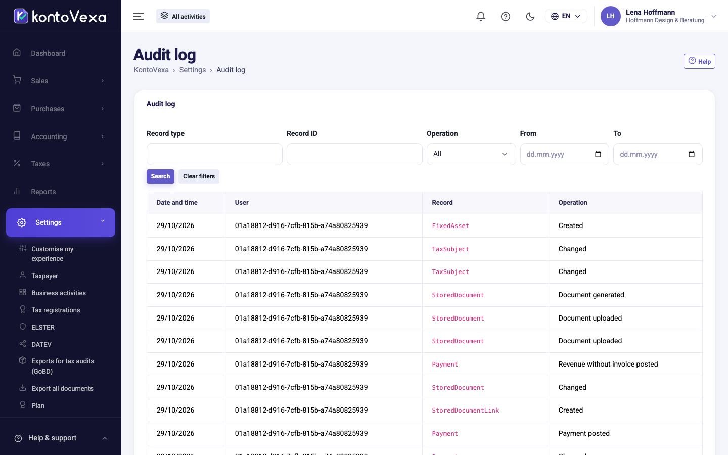 The audit log with filters