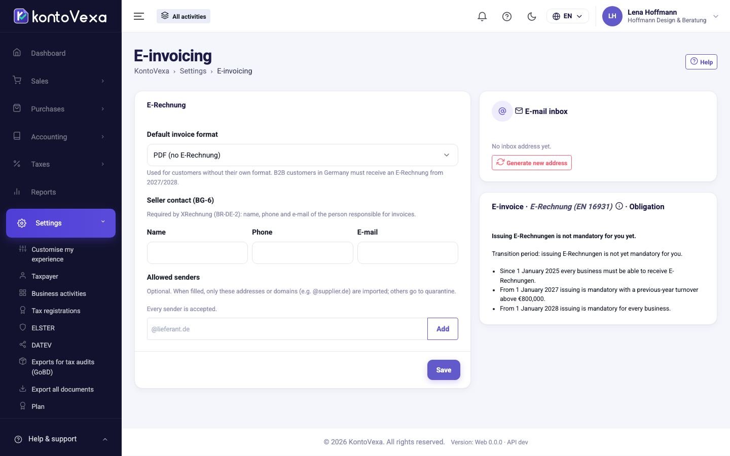 The e-invoicing settings