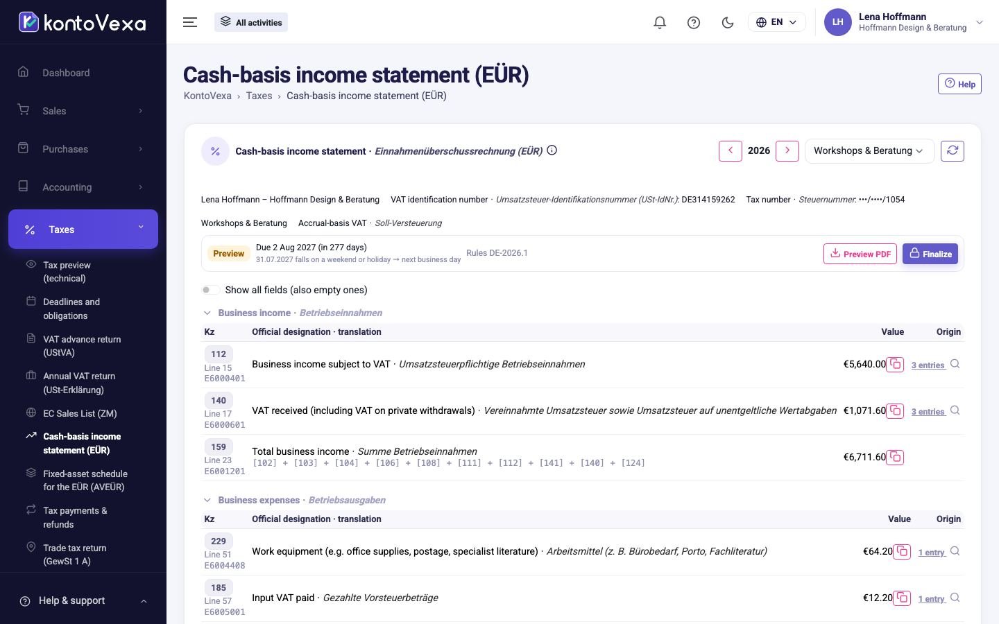 The Anlage EÜR of an activity in the status Preview
