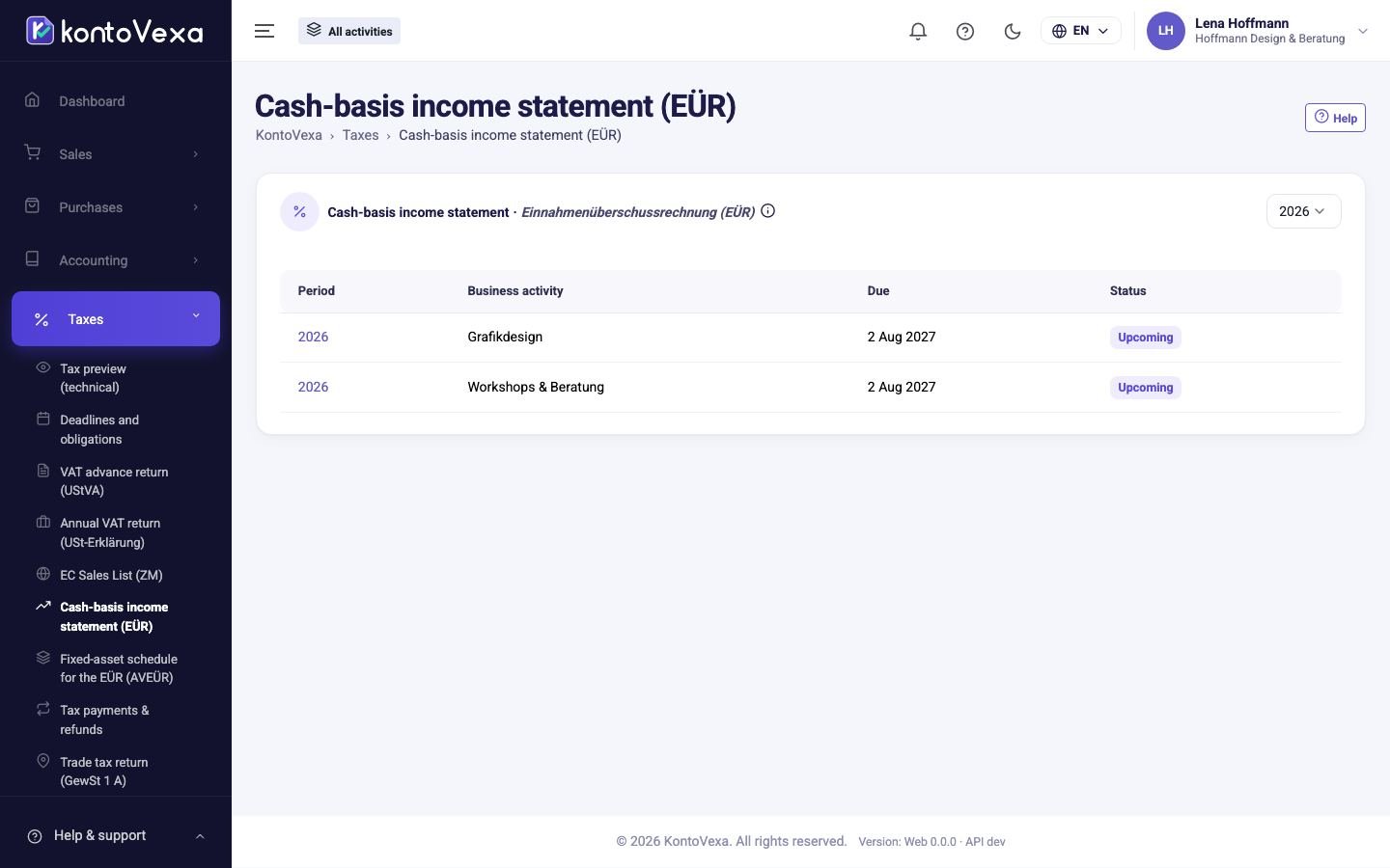 Screenshot from KontoVexa: Profit statement (Einnahmenüberschussrechnung)