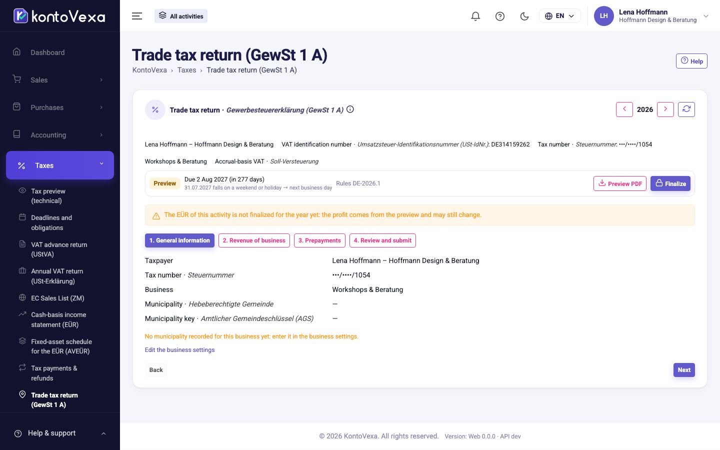 The trade tax return of an activity with its four steps
