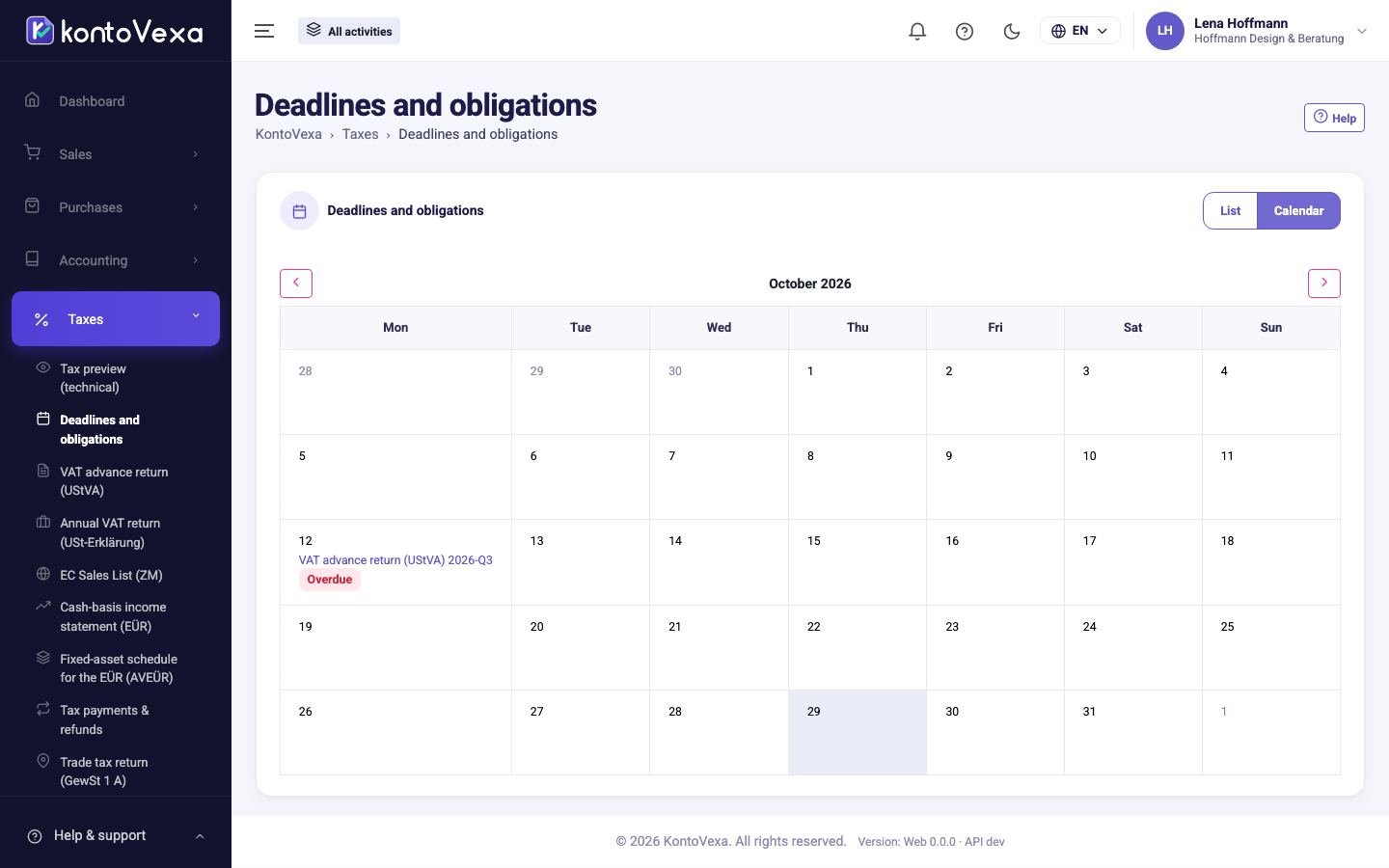 The month view of the obligations