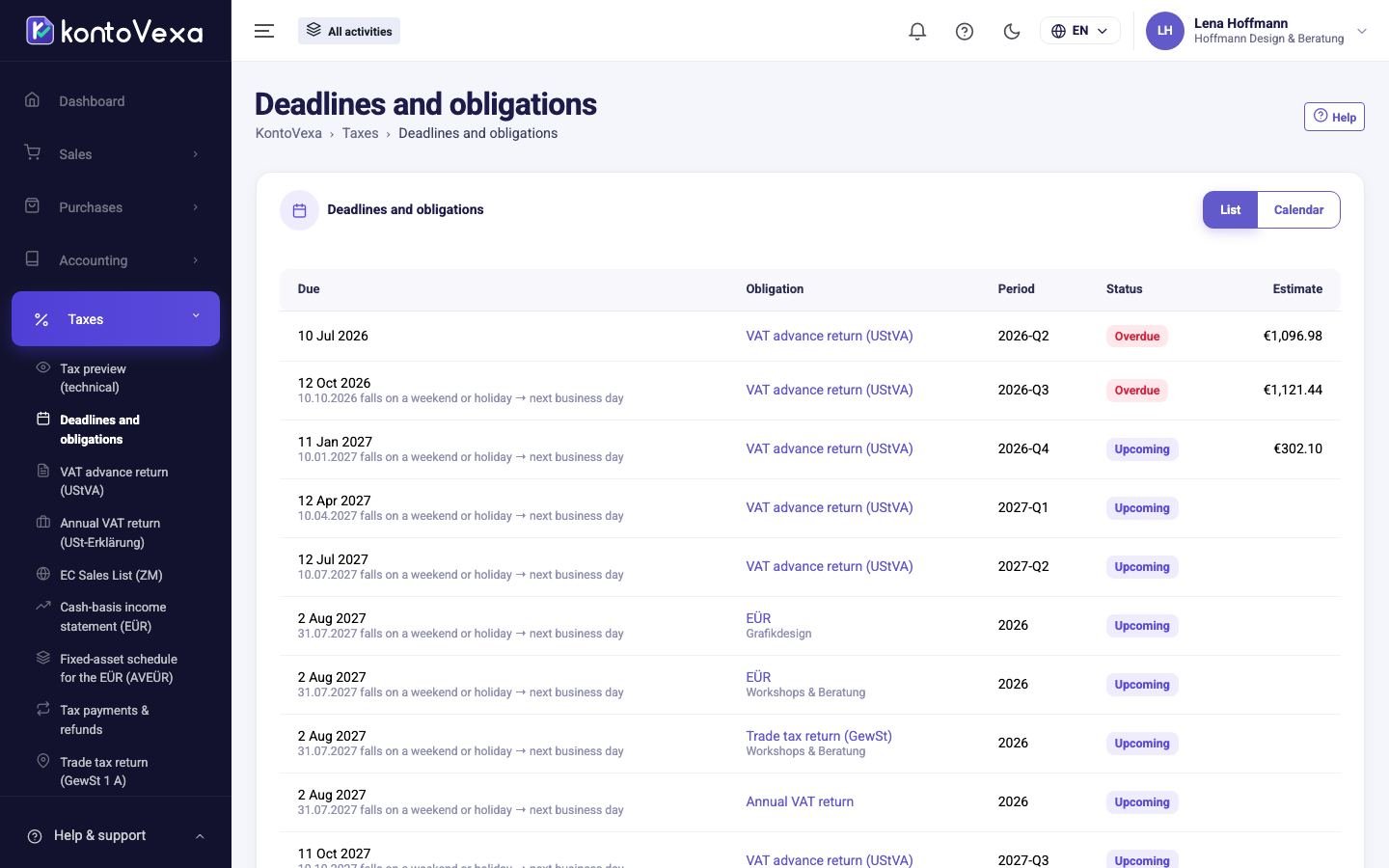 Screenshot from KontoVexa: Returns and deadlines