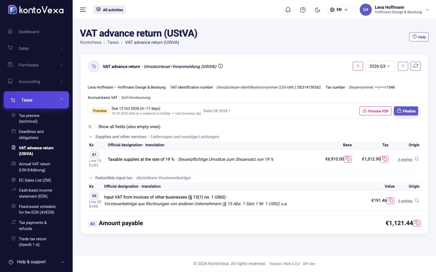 The VAT return of a quarter in the status Preview