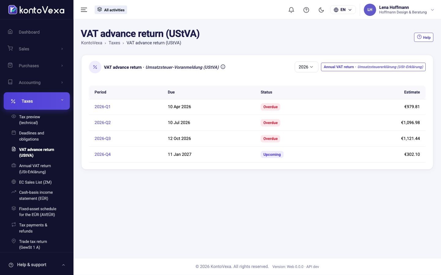 Screenshot from KontoVexa: Advance VAT return (Umsatzsteuer-Voranmeldung)