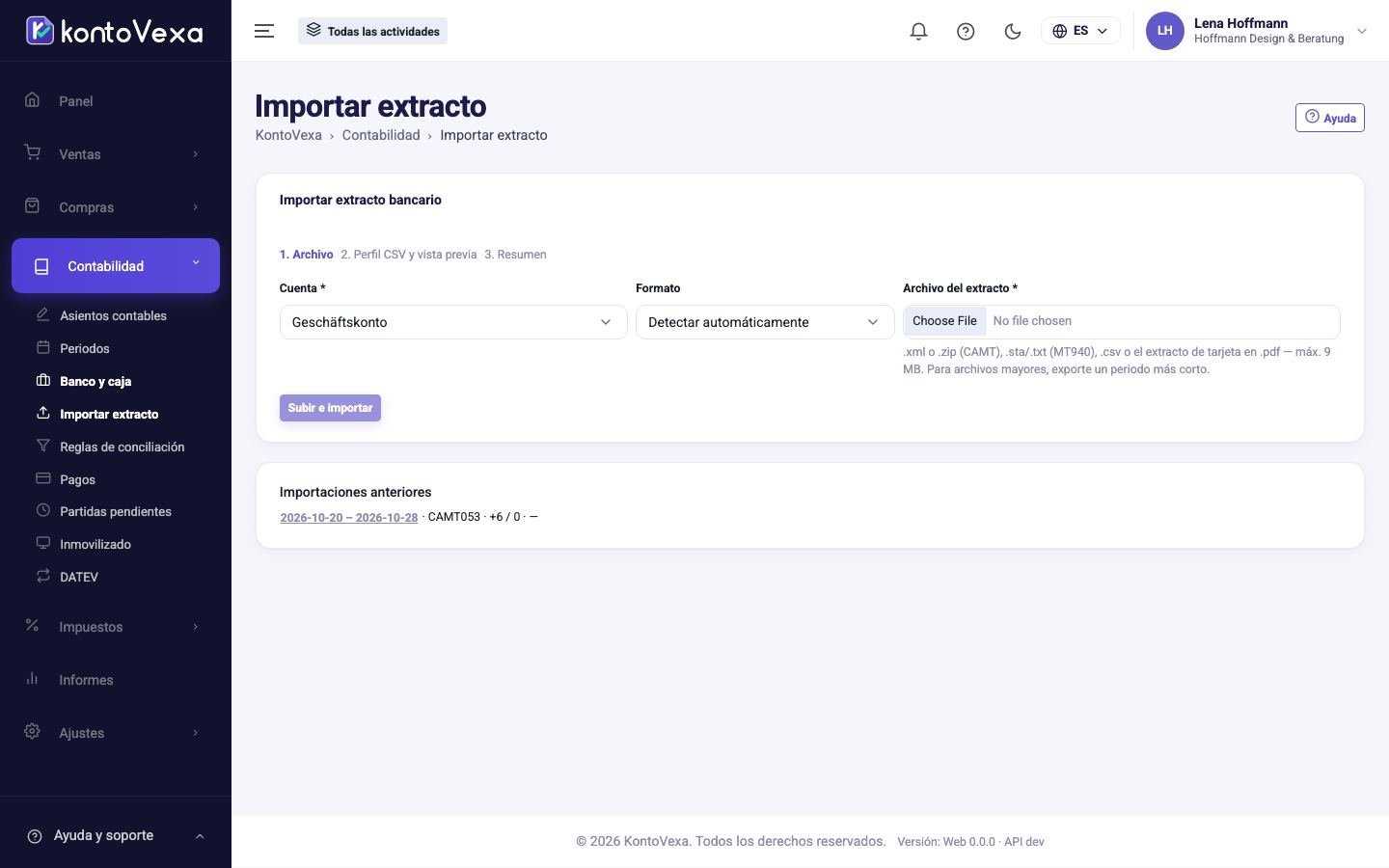 El primer paso de la importación con cuenta, formato y archivo