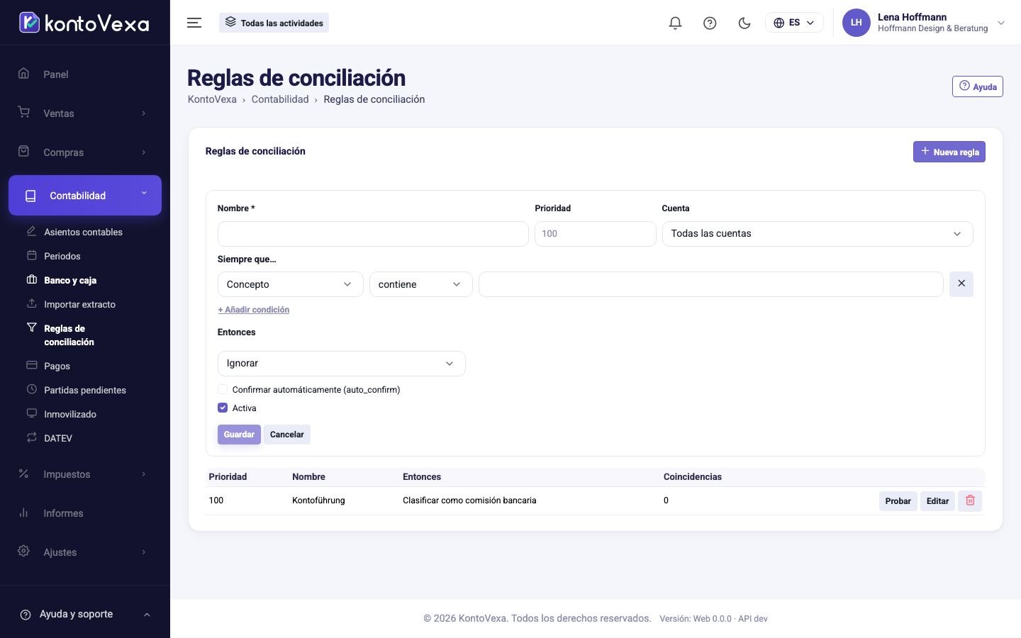El editor de reglas sobre la lista de reglas
