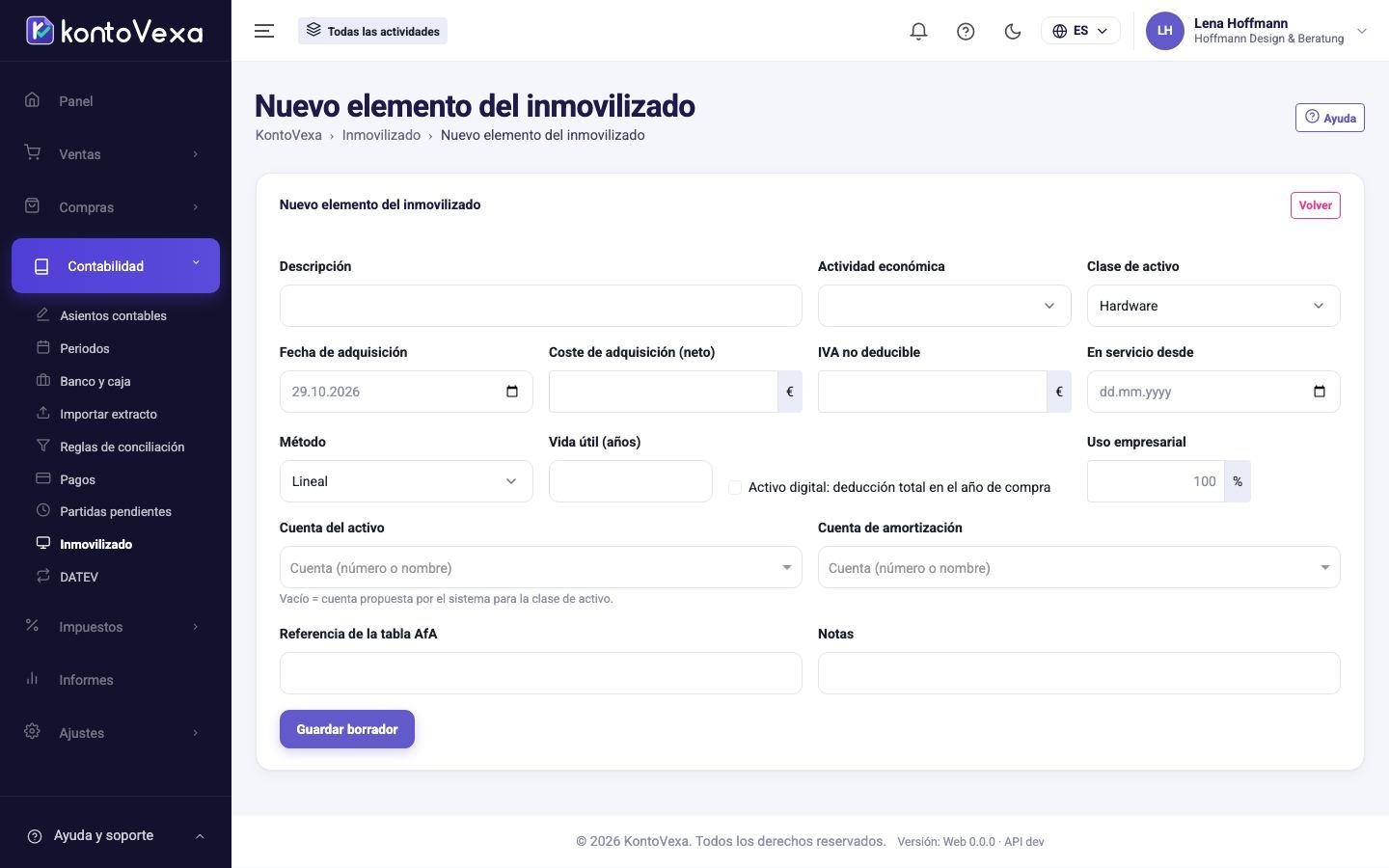 El formulario de un nuevo bien del inmovilizado