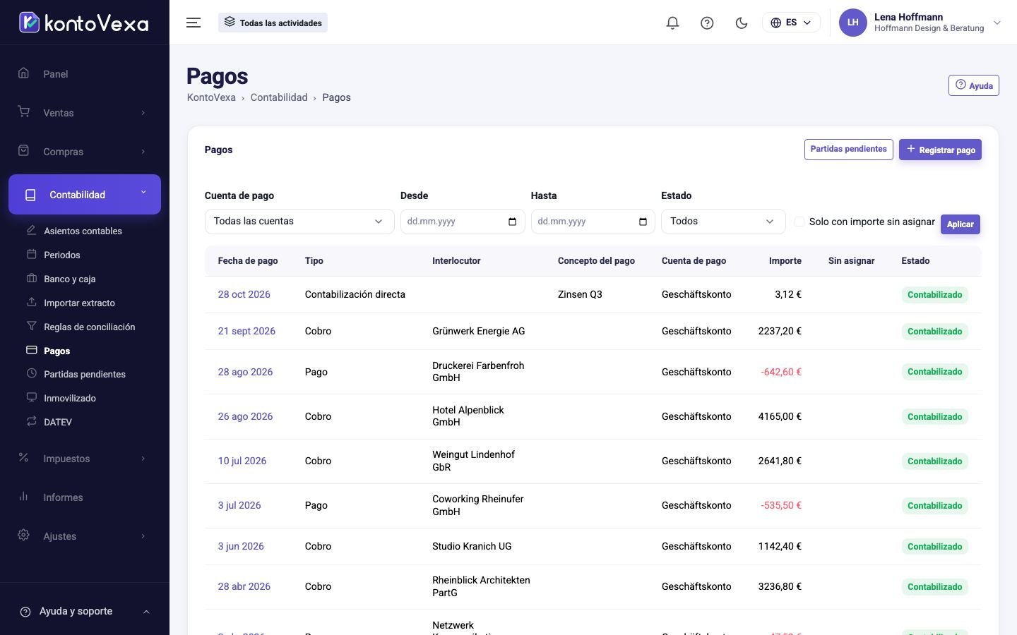 La lista de pagos con filtros