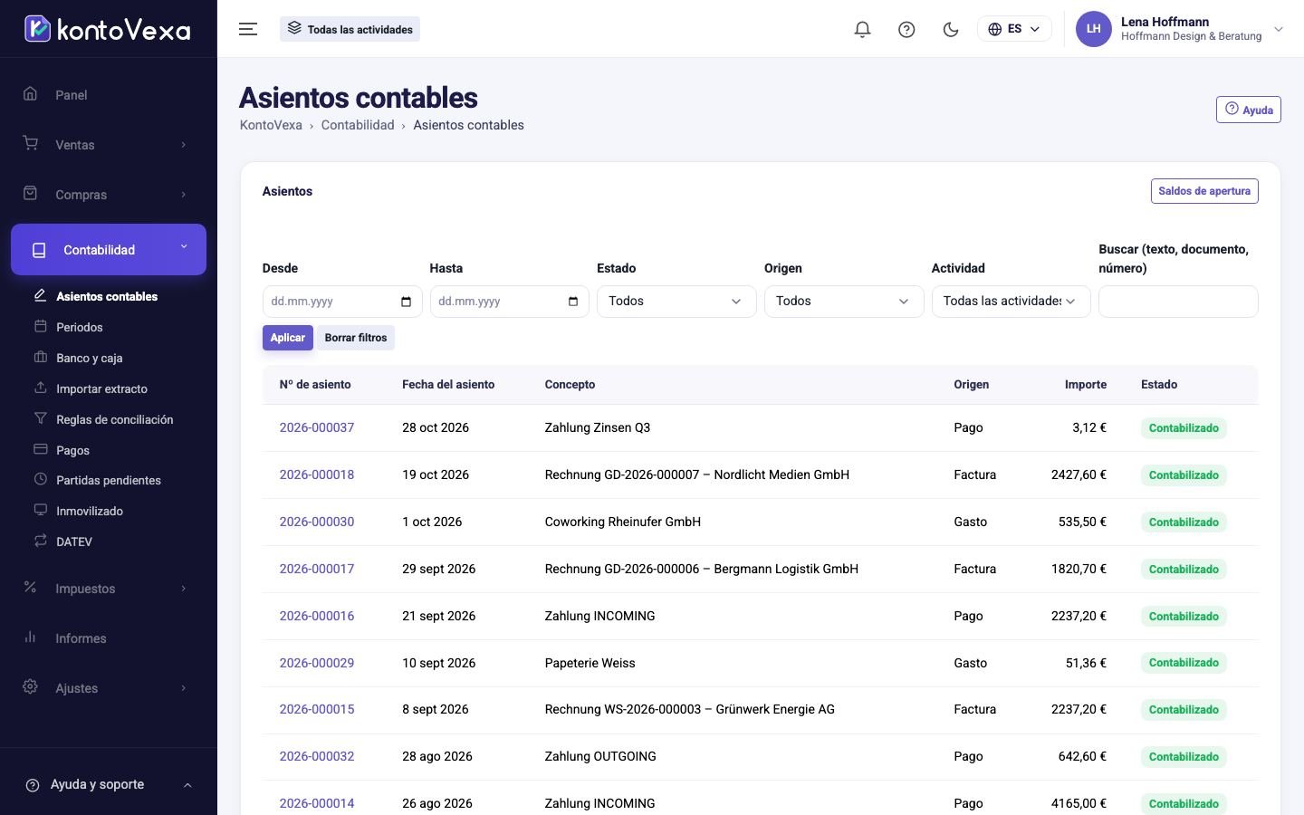 La lista de asientos con filtros