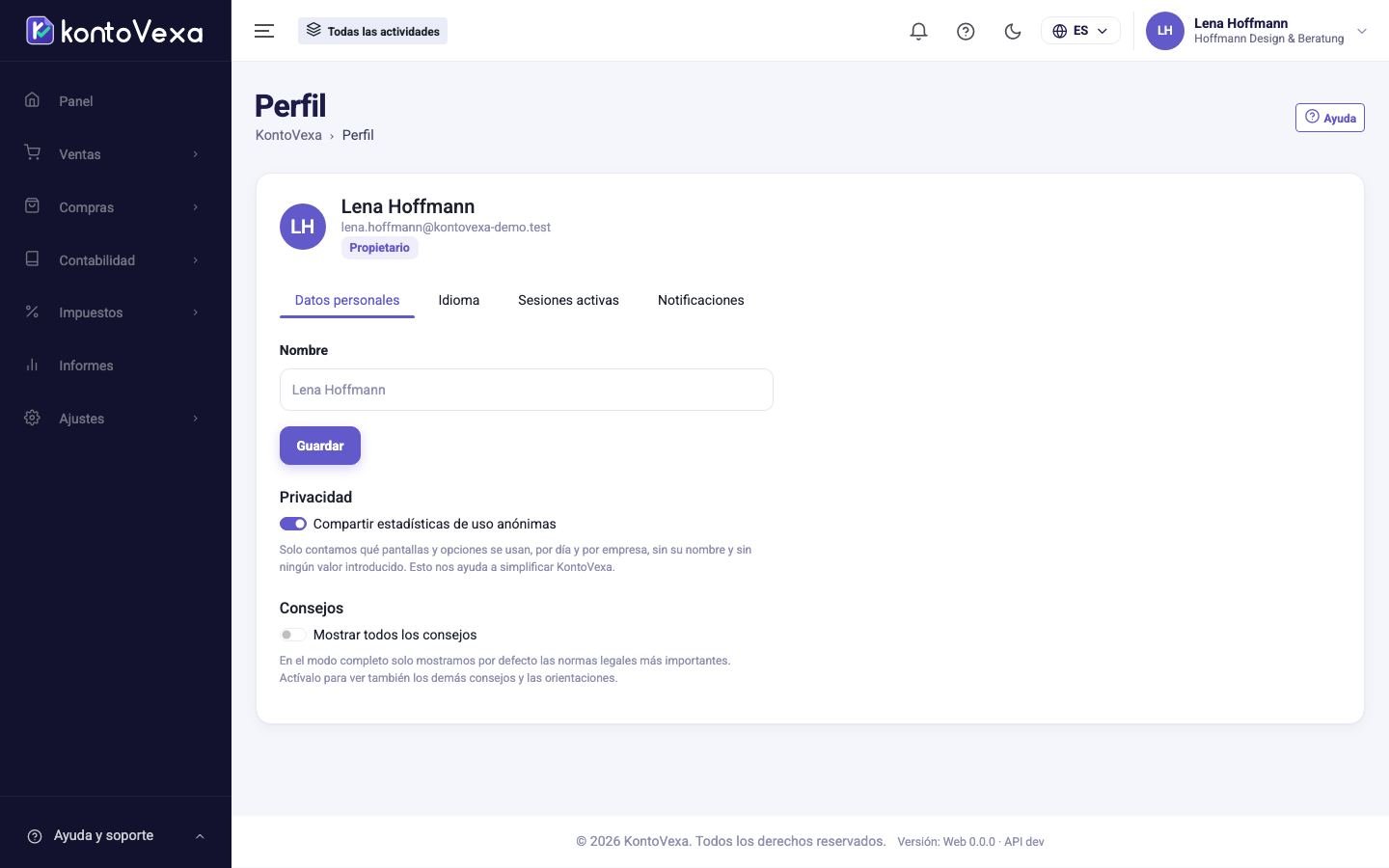 El perfil con la pestaña de datos personales