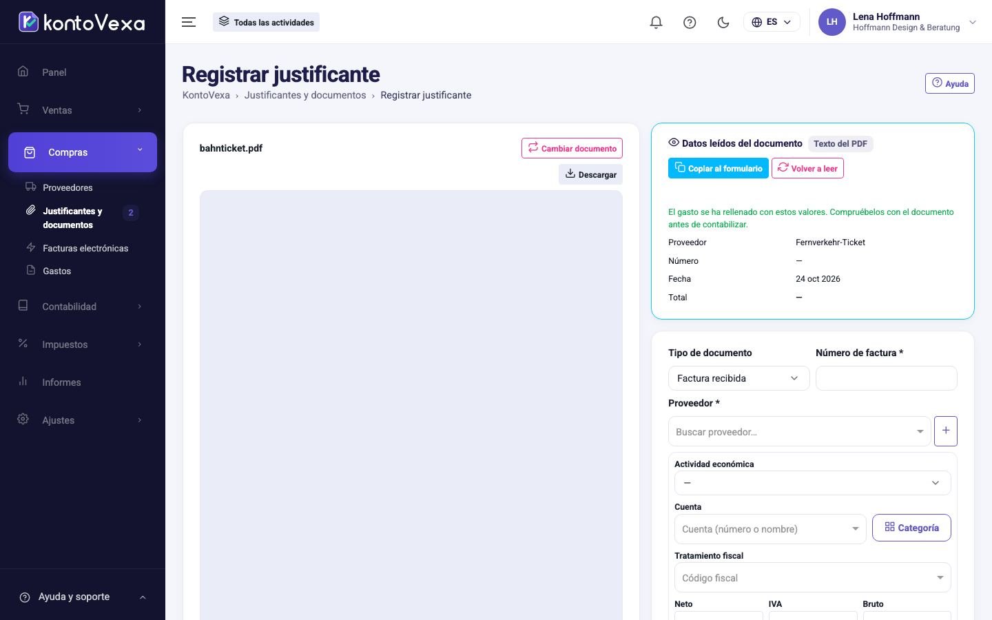 Captura de pantalla de KontoVexa: Registrar justificantes