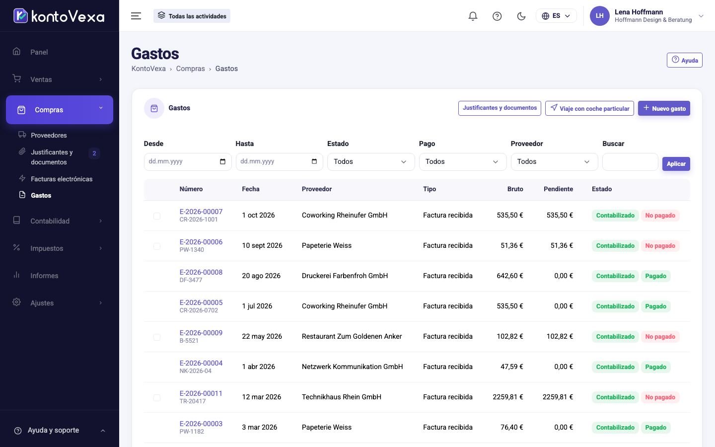 La lista de gastos con filtros
