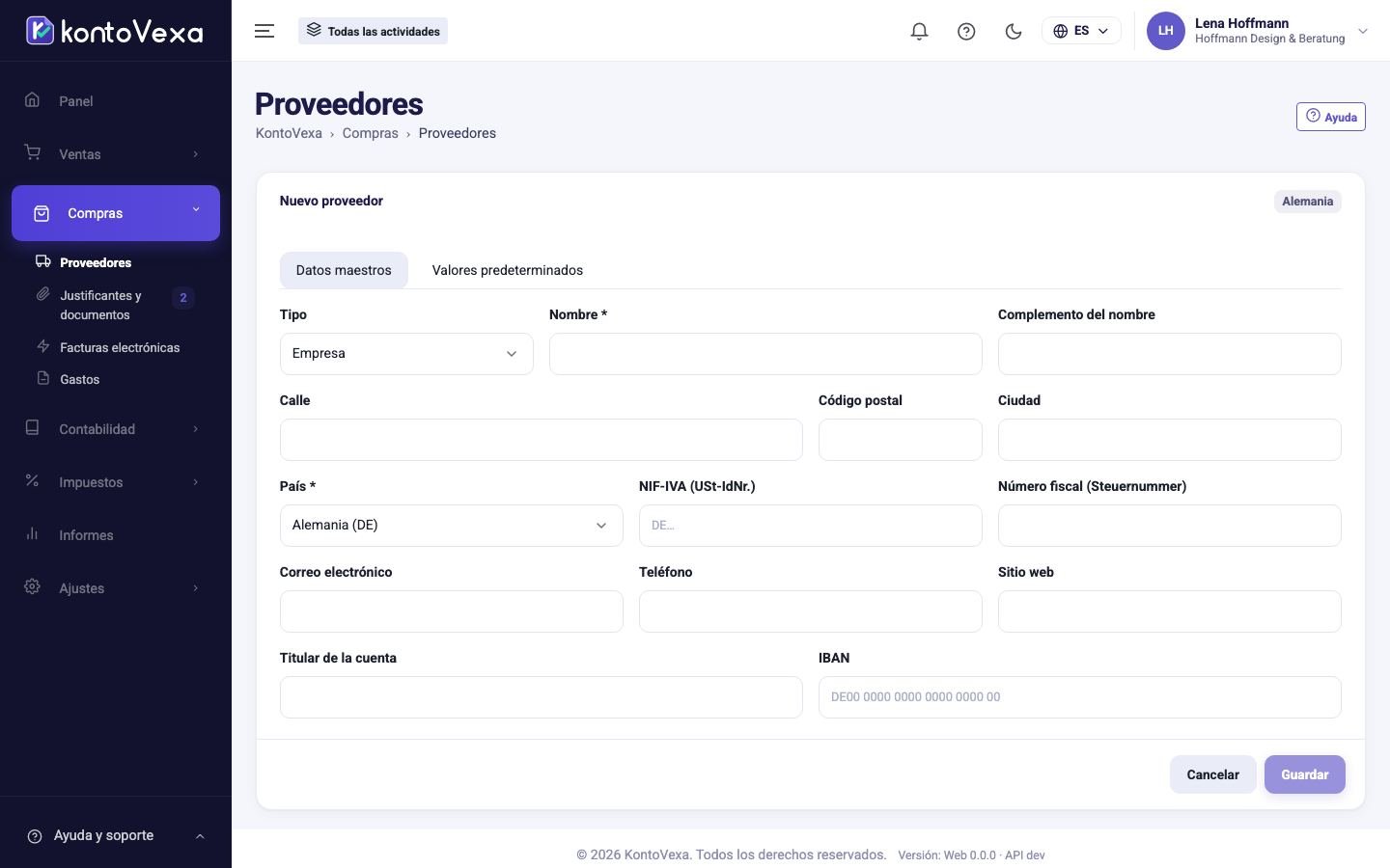 El formulario de un nuevo proveedor