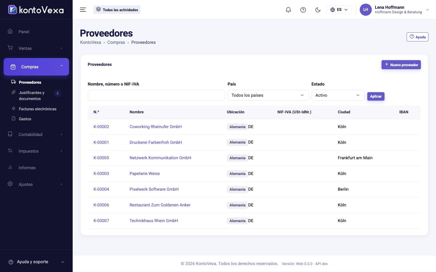 La lista de proveedores con búsqueda y filtros