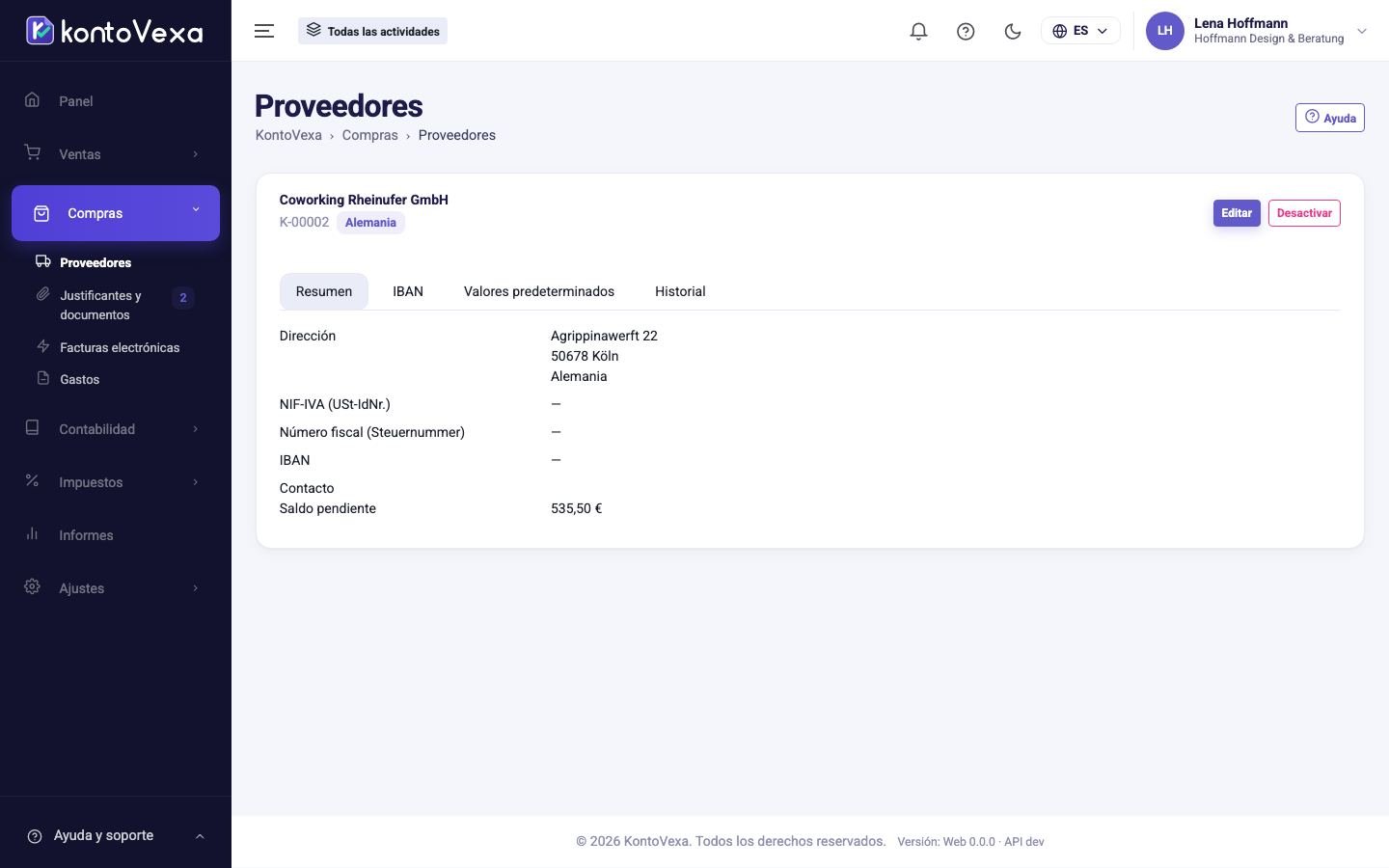 La ficha de un proveedor con sus pestañas