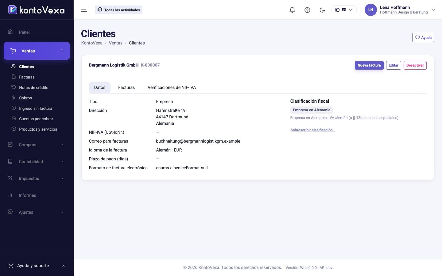 La vista de un cliente con sus datos y su clasificación fiscal